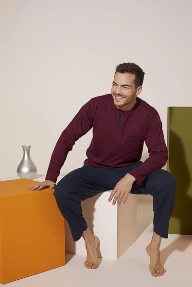KLY 9210 Erkek Midi Yaka Pijama Takım - 2