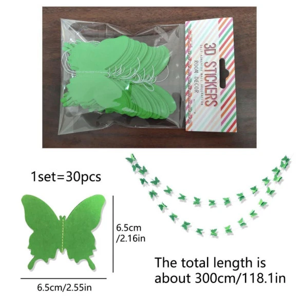 Düğün Doğum Günü Parti Dekoru Kağıt Kelebek Dizesi Çim Yeşili - 2