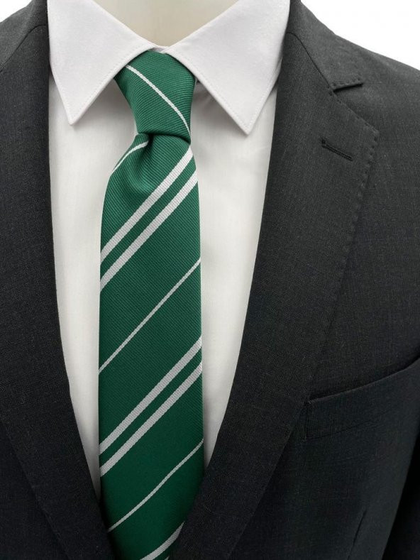 Brianze Yeşil Beyaz Çizgili Slyhterin Slim Kravat ürün görseli 1