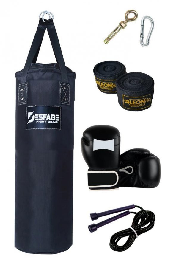 Desfabe Polydes 80x25 Cm Kolonlu Boks Kum Torbası Siyah+Askı Aparatı+Boks Eldiveni+El Bandajı+İp