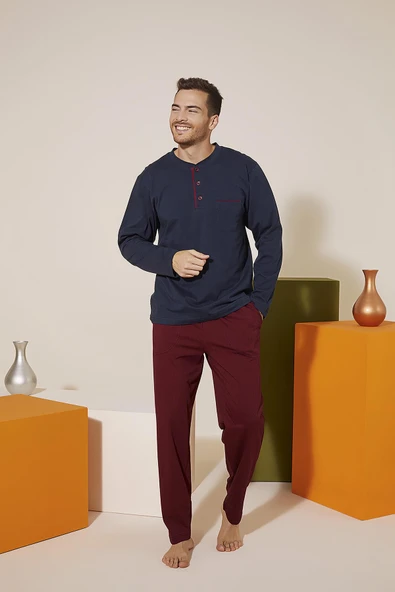 KLY 9221 Erkek Midi Yaka Pantolon Baskılı Pijama Takım - 1