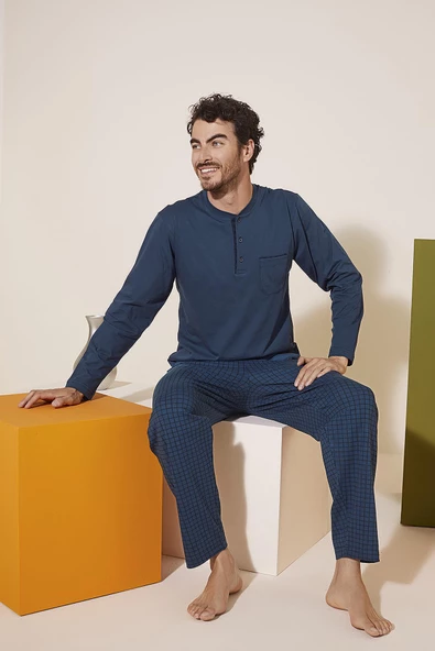 KLY 9230 Erkek Midi Yaka Pijama Takım