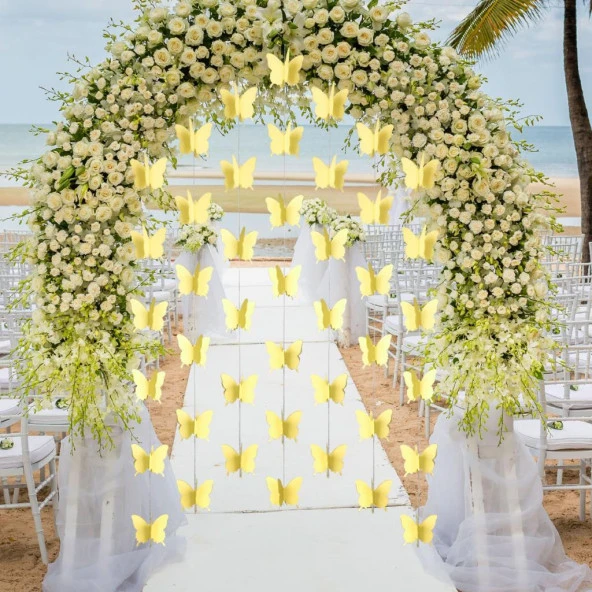 Düğün Doğum Günü Parti Dekoru Kağıt Kelebek Dizesi Açık Sarı - 4