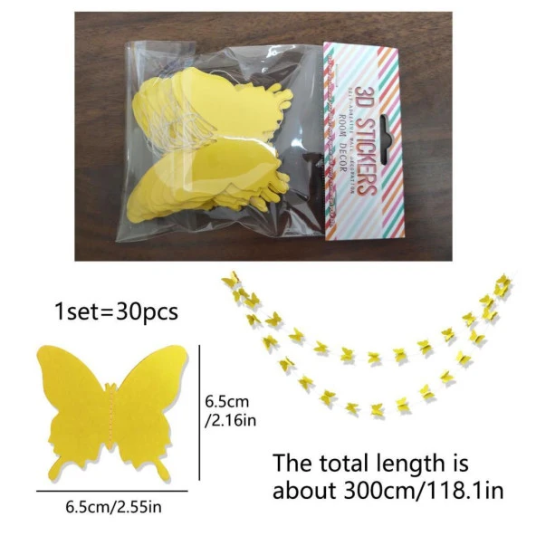Düğün Doğum Günü Parti Dekoru Kağıt Kelebek Dizesi Altın Sarısı - 2