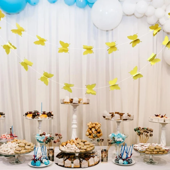 Düğün Doğum Günü Parti Dekoru Kağıt Kelebek Dizesi Altın Sarısı - 6