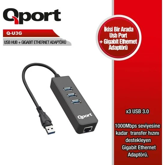 Qport Q-U3G USB3.0=>Gigabit ethernet+3*USB3.0 hub ürün görseli 1