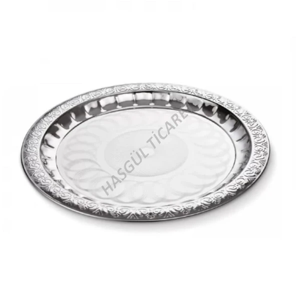 HSGL PASLANMAZ ÇELİK YUVARLAK ÇAY TEPSİSİ 36 CM DESENLİ KAHVE SERVİS TEPSİSİ