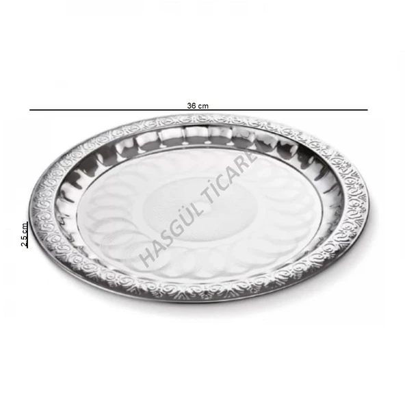 HSGL PASLANMAZ ÇELİK YUVARLAK ÇAY TEPSİSİ 36 CM DESENLİ KAHVE SERVİS TEPSİSİ - 2