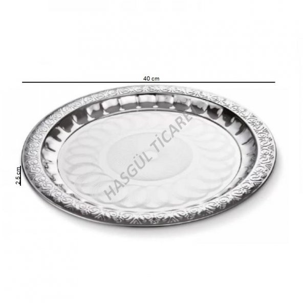 PASLANMAZ ÇELİK YUVARLAK ÇAY TEPSİSİ 40 CM DESENLİ KAHVE SERVİS TEPSİSİ - 2
