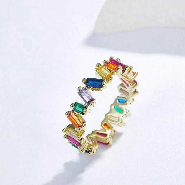 Renkli Baget Taşlı Rainbow Rhinestone Kaya Kristali Elmas Tamtur Yüzük 7