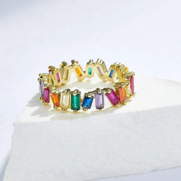 Renkli Baget Taşlı Rainbow Rhinestone Kaya Kristali Elmas Tamtur Yüzük 7 - 2