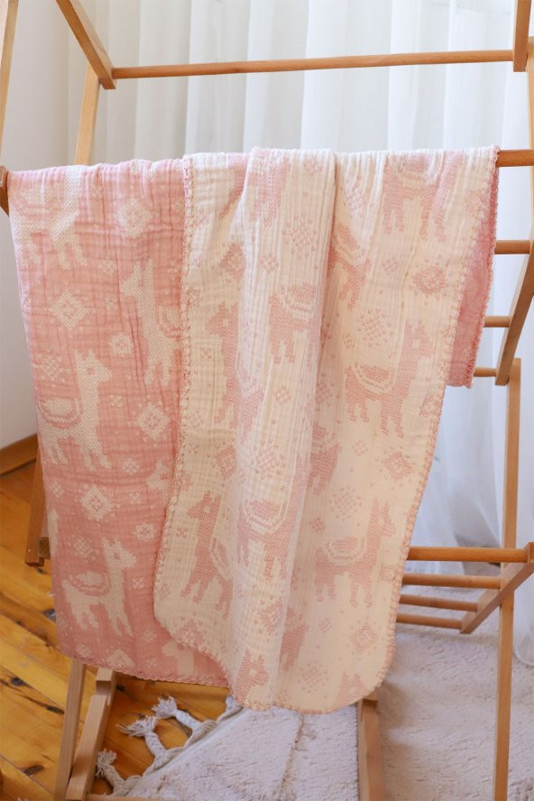 Vivamaison 100x100 cm Bebek Battaniyesi ve 35x45 cm Yastık Kılıfı Jakarlı 3 Kat Müslin Pembe Geyik - 4