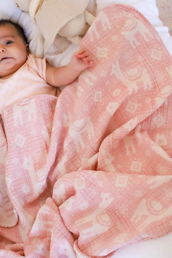 Vivamaison 100x100 cm Bebek Battaniyesi ve 35x45 cm Yastık Kılıfı Jakarlı 3 Kat Müslin Pembe Geyik - 5