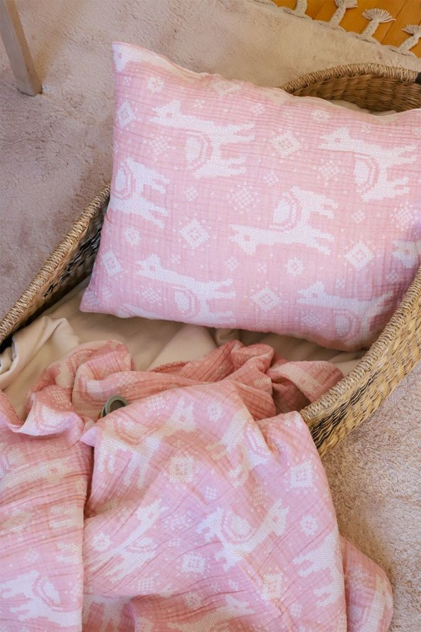 Vivamaison 100x100 cm Bebek Battaniyesi ve 35x45 cm Yastık Kılıfı Jakarlı 3 Kat Müslin Pembe Geyik - 2