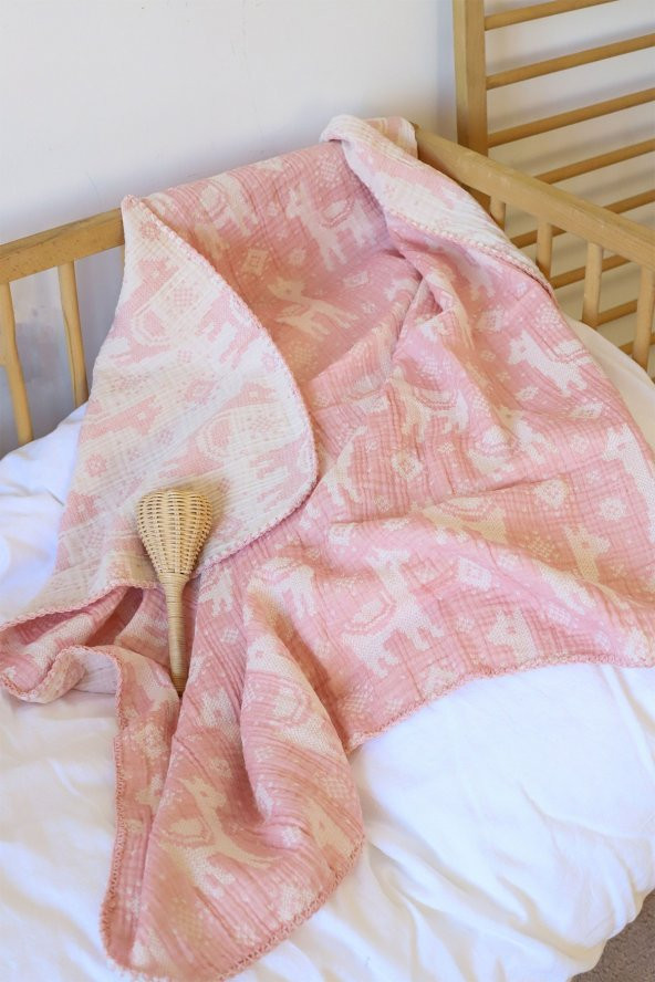 Vivamaison 100x100 cm Bebek Battaniyesi ve 35x45 cm Yastık Kılıfı Jakarlı 3 Kat Müslin Pembe Geyik - 3