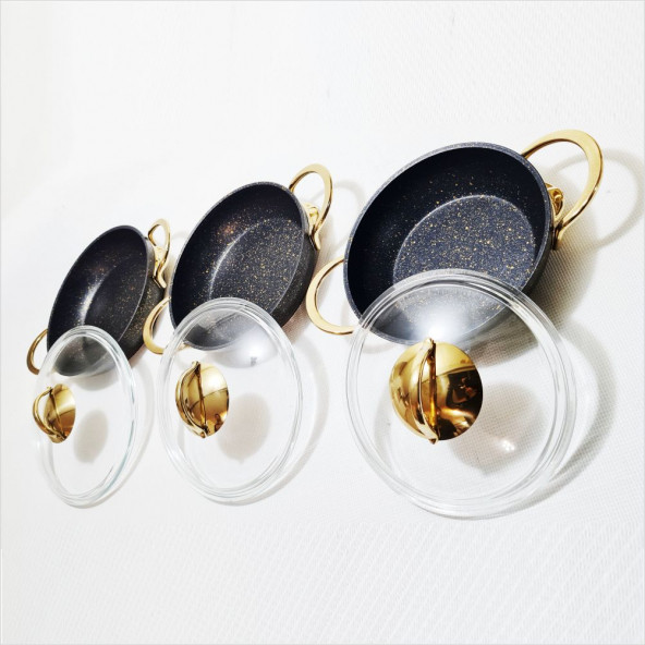 Çift Kulplu Cam Kapaklı Döküm Granit Kaplama 3lü Sahan Tava Seti Takımı - 2