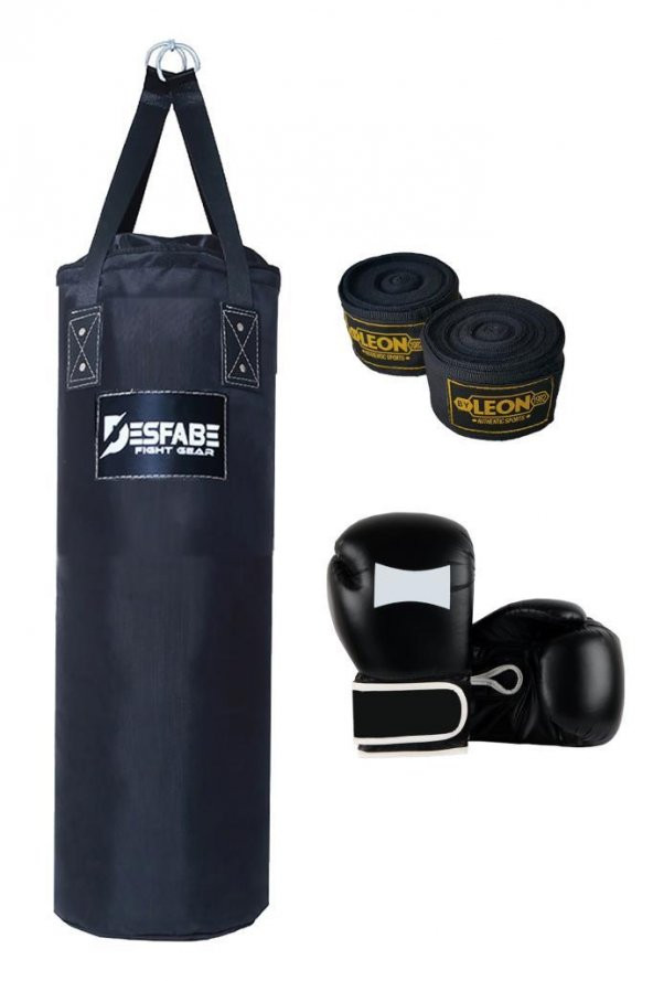Desfabe Polydes 80x25 Cm Kolonlu Boks Kum Torbası Siyah+Boks Eldiveni+El Sargı Bandajı - 1