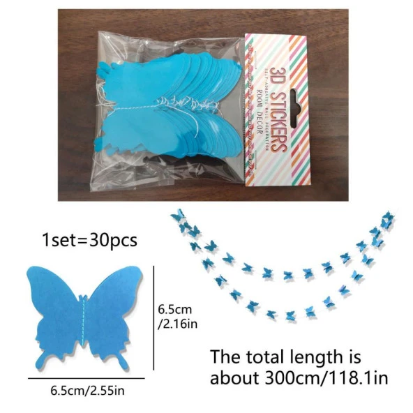 Düğün Doğum Günü Parti Dekoru Kağıt Kelebek Dizesi Mavi Renk - 2