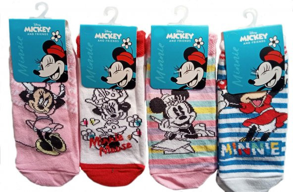 19-22 No 2-3 Yaş 4 Adet Minnie Mouse Kız Çocuk Patik Çorabı Orijinal