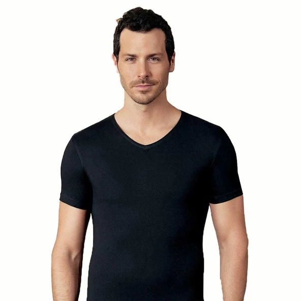 Şahinler Erkek Kısa Kol V Yakalı Likralı Süprem Atlet Renkli E073 - Resim 2