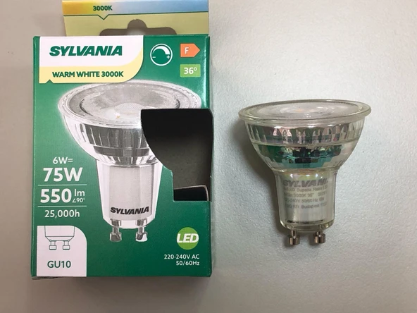6 ADET SYLVANIA  DİMLİ  6W 75W 550 LÜMEN GU 10 3000KELVİN LED SPOT  25,000 SAAT                                25,000 SAAT - 4