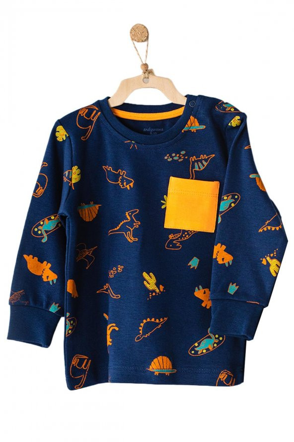 Andywawa Erkek Çocuk Dinazor Temalı Alt Üst Lacivert Pijama Takımı AC23404 - 2