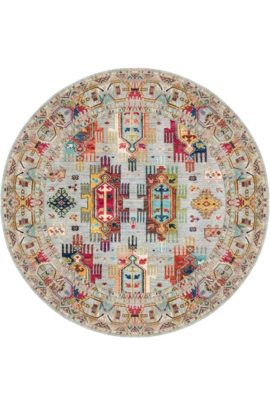 Kilim Desen Pamuk Taban Dijital Baskılı Yuvarlak Halı  BEJ 140x140