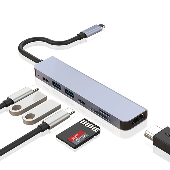 Type c usb-c to hdtv+sd/tf+usb3.0+pd+usb c 7 in 1 çevirici