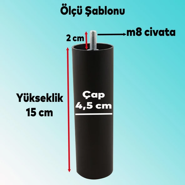 Mobilya Kanepe Koltuk Baza Yükseltici Yükseltme M8 Civatalı Vidalı Orta Destek Ayağı Ayak Siyah 15cm - 2