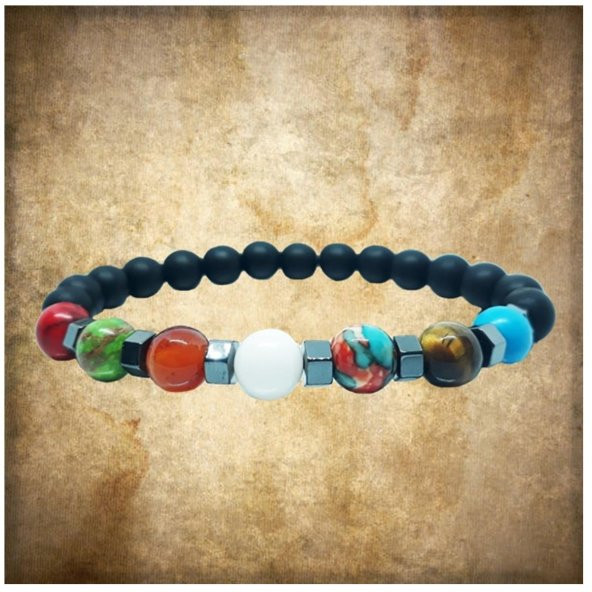 Kaplangözü & Varasit & Turkuaz & Beyaz Oniks &Akik Erkek Doğal Taş Çakra Bileklik - 2