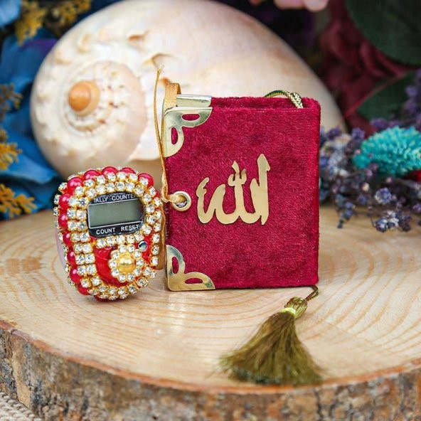 Hediyelik Mini Kuran & Lüks Taşlı Zikirmatik - Bordo - 8