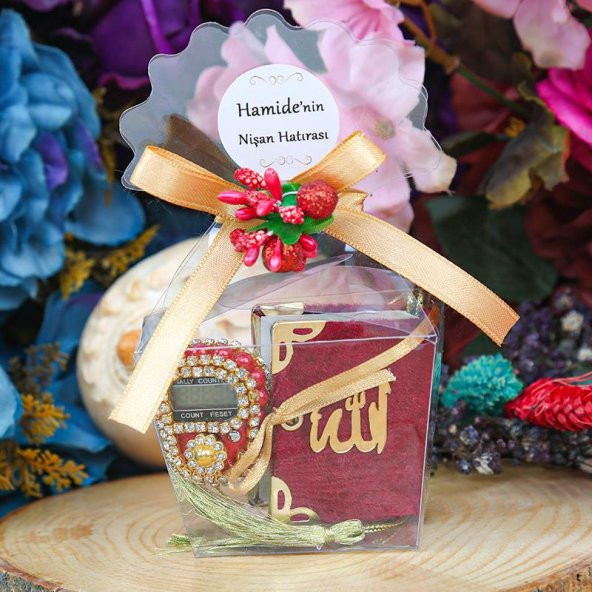 Hediyelik Mini Kuran & Lüks Taşlı Zikirmatik - Bordo - 1