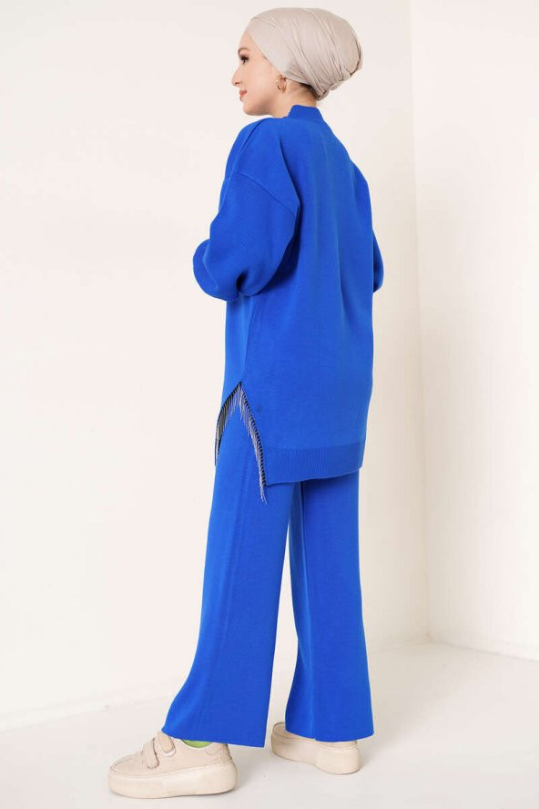 Lugmo Kadın Yanı Zincir Püsküllü Tesettür Triko Tunik Üst Mavi - 4