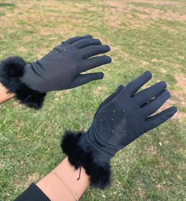 Saten Tüylü Kadın Eldiven Siyah