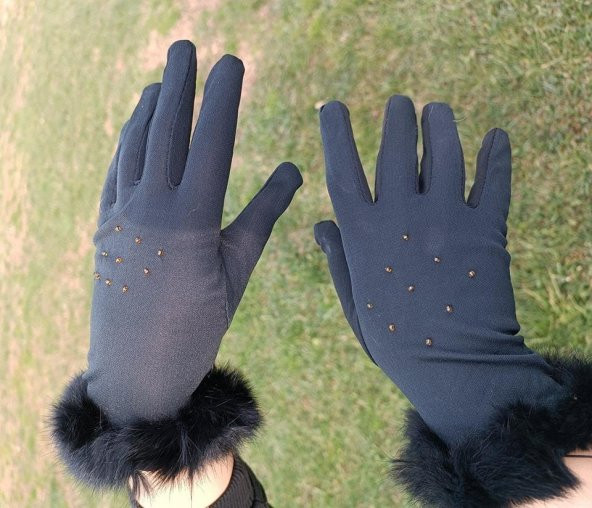 Saten Tüylü Kadın Eldiven Siyah - 2