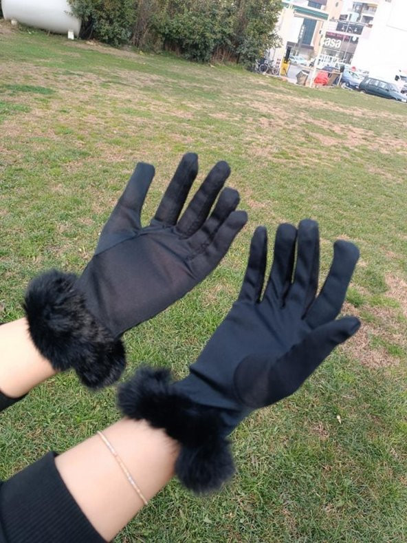 Saten Tüylü Kadın Eldiven Siyah - 3