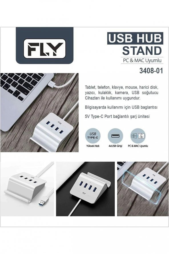 FLY Type-C Uçlu 4lü USB Şarj Standı Bilgisayar ve Mac Uyumlu