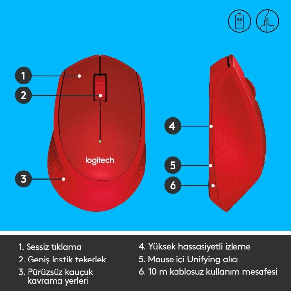 Logitech Silent Sessiz Plus Kablosuz Kırmızı Mouse - Resim 6