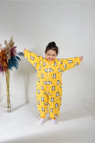 Çocuk Sarı Kalın Elyaf Dolgulu Desenli Uyku Tulum - 6