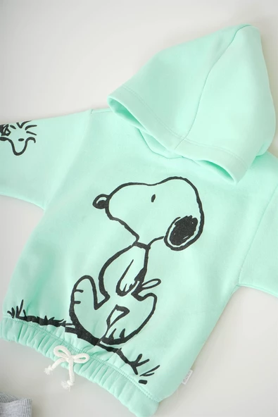 YENİ SEZON SNOOPY KAPŞONLU KIZ ÇOCUK 3İP EŞOFMAN TAKIMI - 3