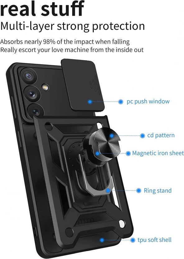 KNY Samsung Galaxy A54 Kılıf Ultra Korumalı Yüzüklü Manyetik Sürgülü Vega Kapak Siyah - 2