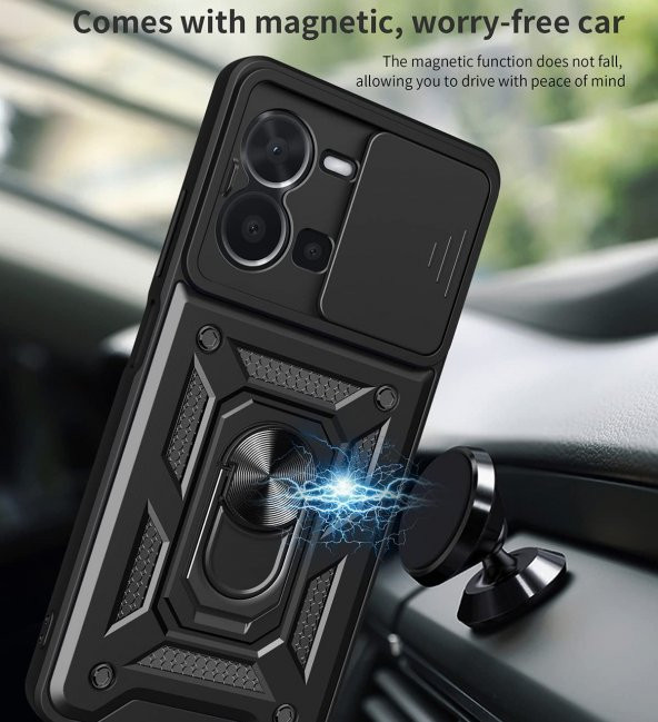 KNY Vivo Y35 Kılıf Ultra Korumalı Yüzüklü Manyetik Sürgülü Vega Kapak Kırmızı - 2