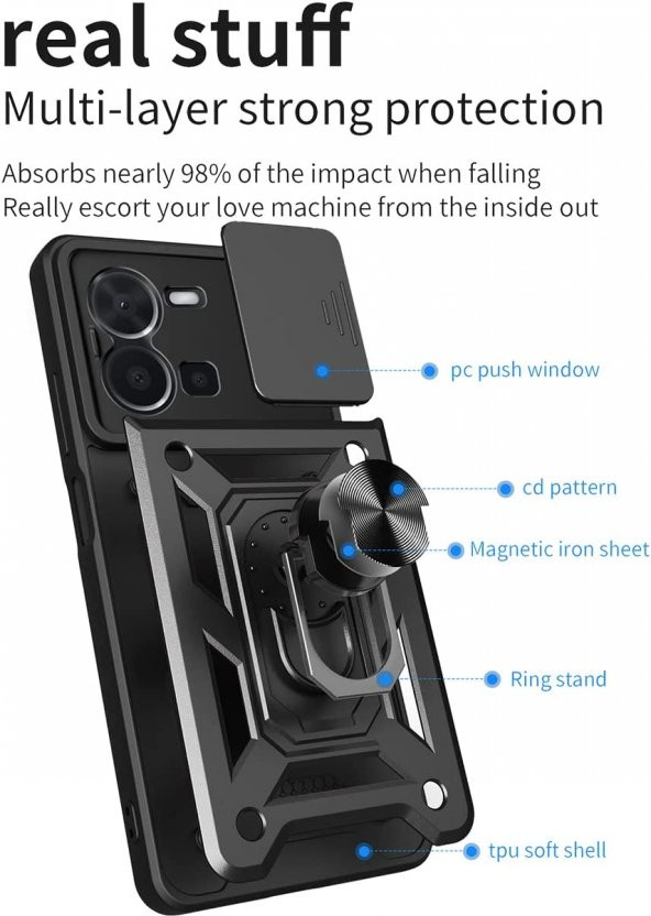 KNY Vivo Y35 Kılıf Ultra Korumalı Yüzüklü Manyetik Sürgülü Vega Kapak Kırmızı - 3