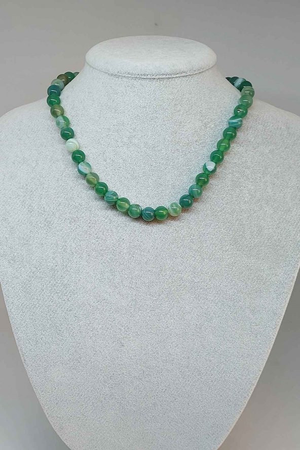 Akik Taşı Yeşil Kolye 8mm (7888) (Klipsli)