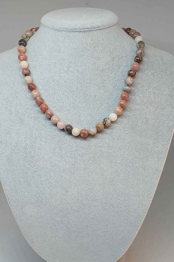 Jasper Taşı Pembe-Beyaz Karışık Renkler Kolye 8mm (24005) (Klipsli) ürün görseli