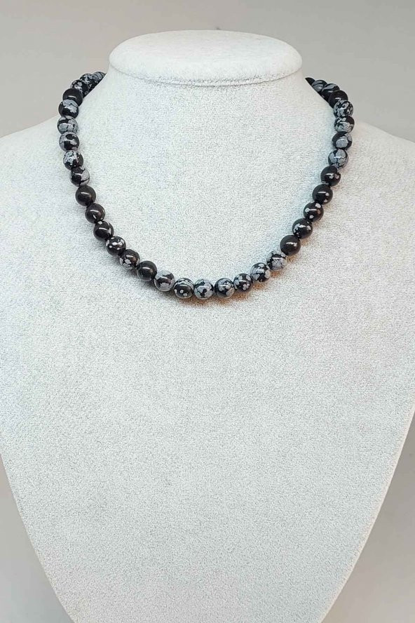 Kar Tanesi Obsidyen Taşı Kolye 8mm (Klipsli)