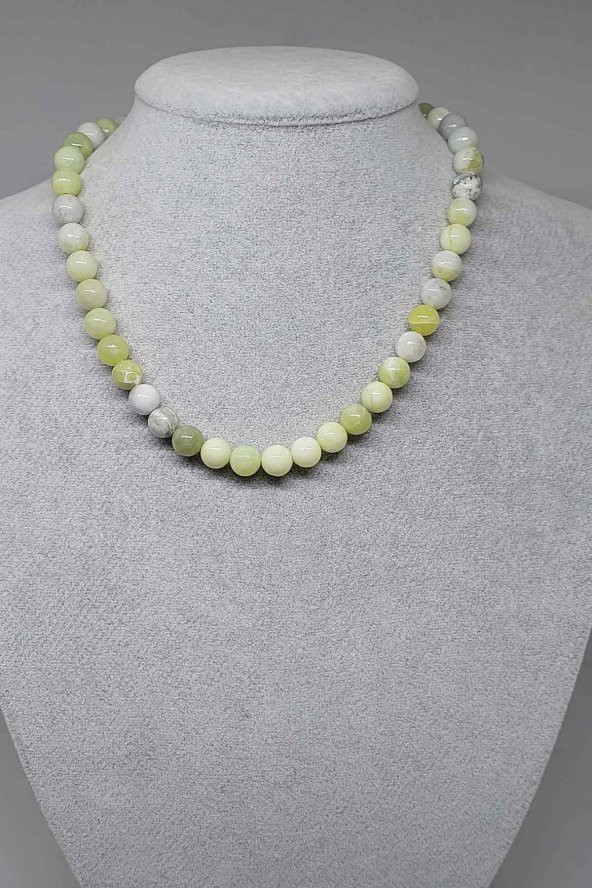 Peridot (Zebercet) Taşı Yeşil-Beyaz Alacalı Kolye 8mm (23115) (Klipsli)