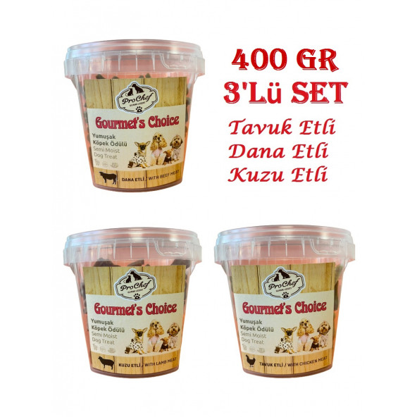 ProChef 3'lü Set 400 Gr Dana Kuzu Tavuk Etli Gourmet's Choice Köpeklerin Eğitimi İçin Yarı Yumuşak Ödül Mama