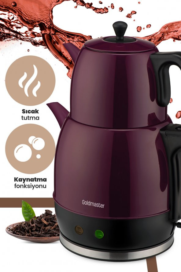 Goldmaster Demlika Mor XL Geniş Hazneli Damlatmaz Paslanmaz Çelik Çay Makinesi ve Su Isıtıcısı - 3