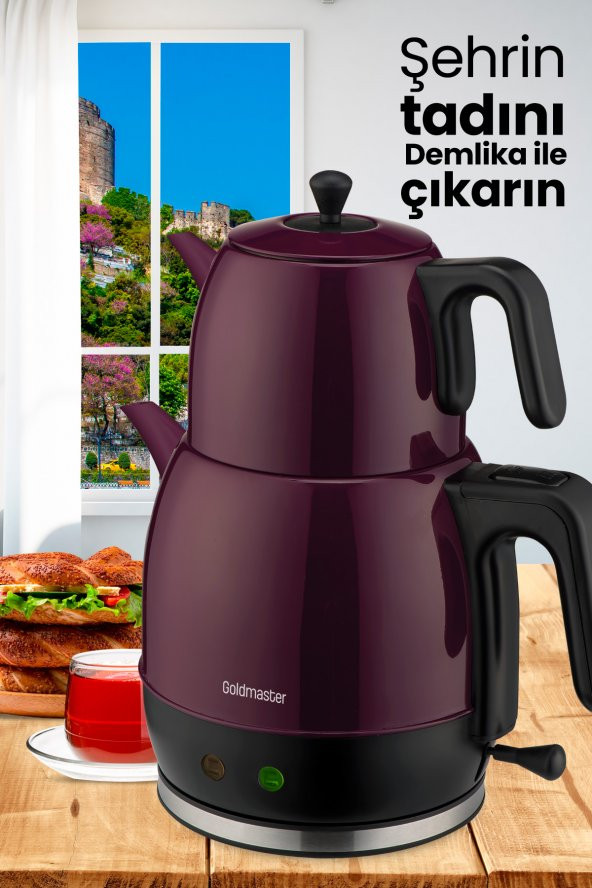 Goldmaster Demlika Mor XL Geniş Hazneli Damlatmaz Paslanmaz Çelik Çay Makinesi ve Su Isıtıcısı - 6